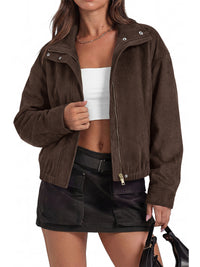 PRETTYGARDEN Lightweight Faux Suede Cropped Bomber Jacket Women Outerwear | Full Zipper, Elastic Hem, Lapel Collar, Long Sleeve Fall Jackets, Loose Fit Ladies Coats, Fashion Clothing with Pockets