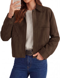 PRETTYGARDEN Women's Faux Suede Cropped Fall Jackets | Soft Zip Up Coats,Classic Lapel Collar,Button Down Shacket,Oversized Casual Outerwear,Trendy Winter Clothes with Pockets