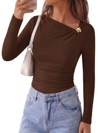 PRETTYGARDEN Long Sleeve Shirts for Women 2026 Ruched Knit Asymmetrical Tight Fitted Going Out Tops Y2k Fall Clothes