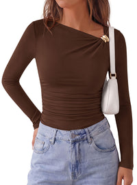 PRETTYGARDEN Long Sleeve Shirts for Women 2026 Ruched Knit Asymmetrical Tight Fitted Going Out Tops Y2k Fall Clothes