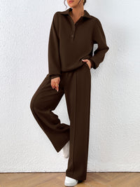 PRETTYGARDEN Women Fall 2 Piece Outfits Sweatsuits Quarter Button Long Sleeve Sweatshirt Wide Leg Pants Tracksuit Lounge Sets
