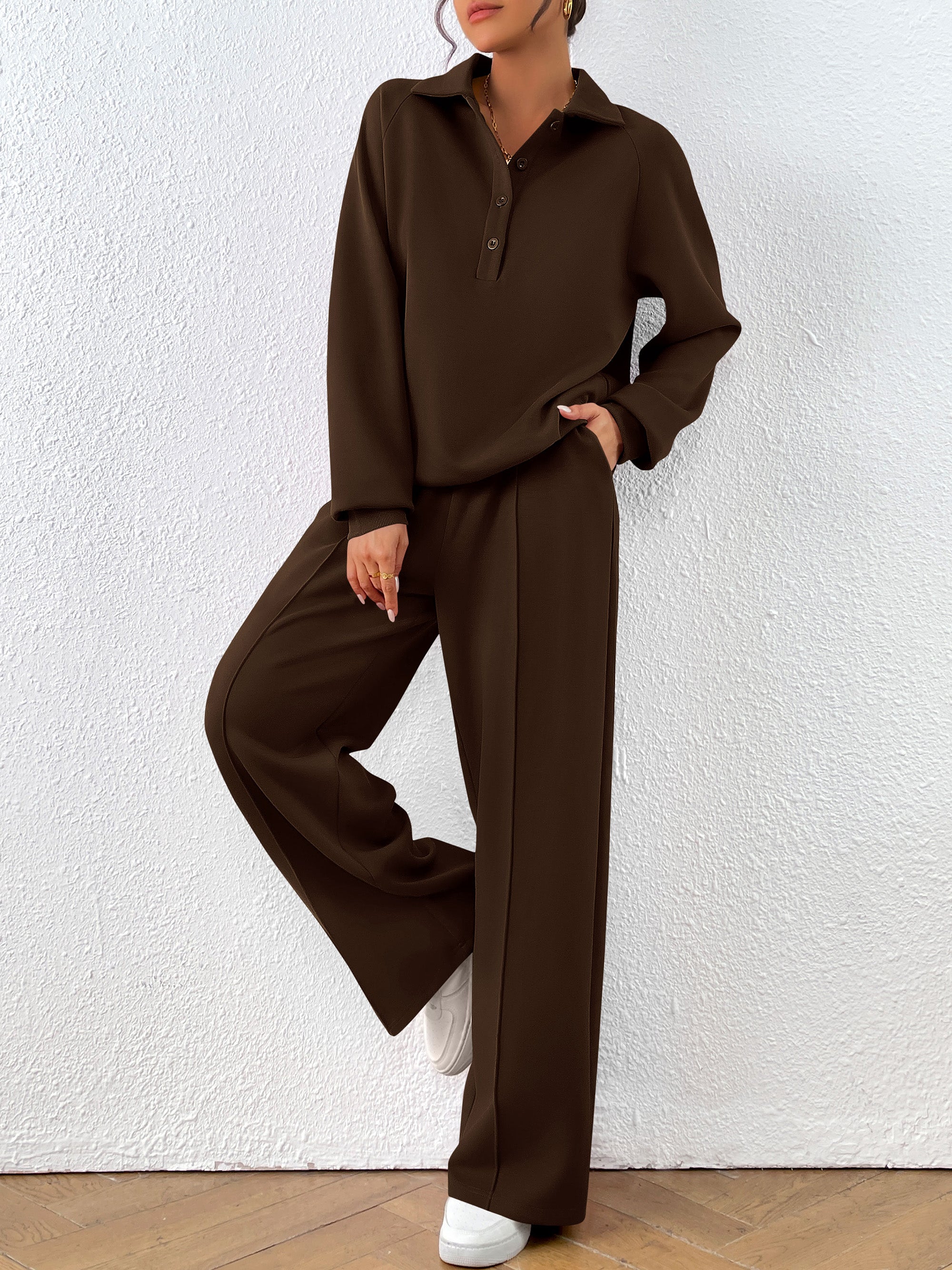 PRETTYGARDEN Women Fall 2 Piece Outfits Sweatsuits Quarter Button Long Sleeve Sweatshirt Wide Leg Pants Tracksuit Lounge Sets