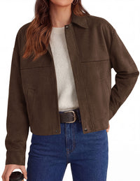 PRETTYGARDEN Women's Faux Suede Cropped Fall Jackets | Soft Zip Up Coats,Classic Lapel Collar,Button Down Shacket,Oversized Casual Outerwear,Trendy Winter Clothes with Pockets