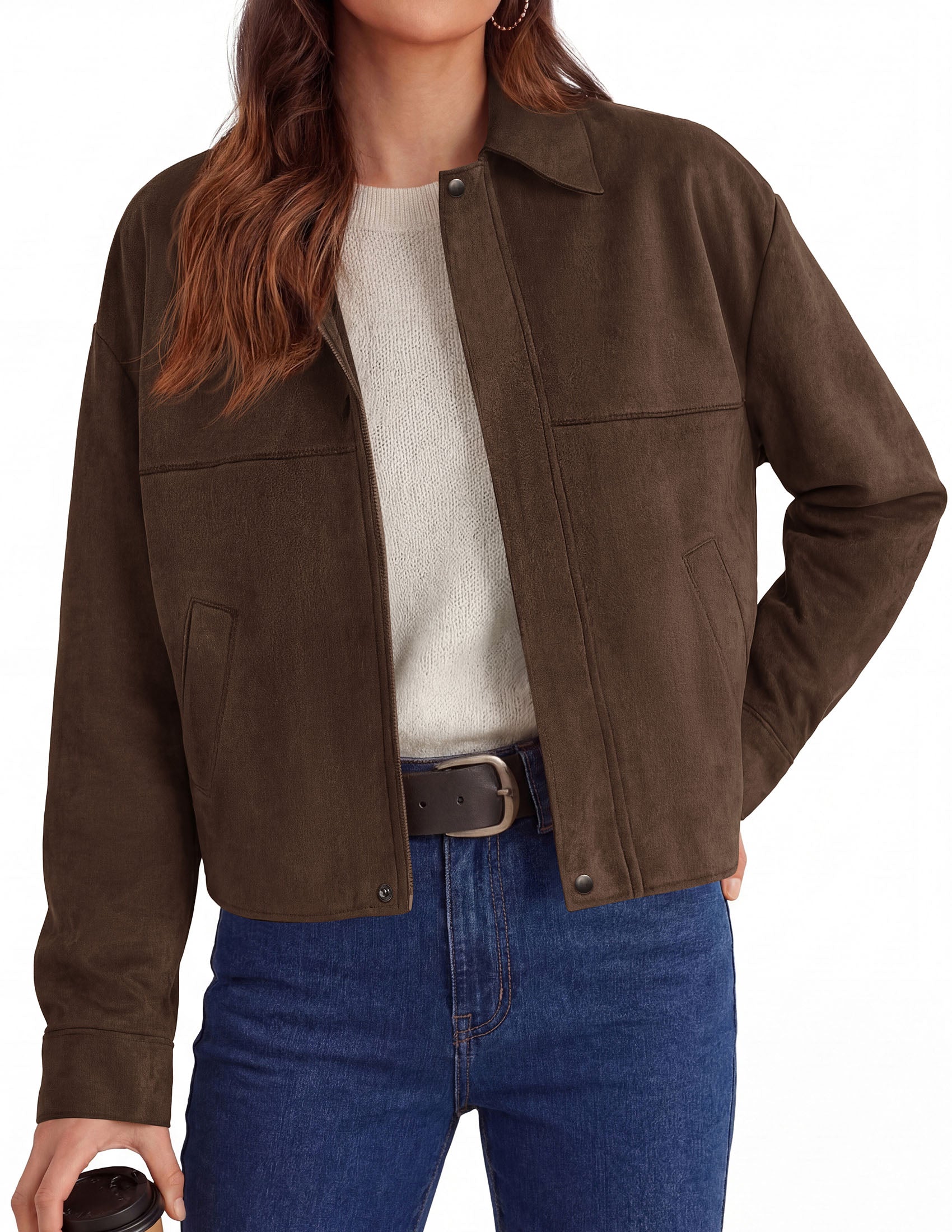 PRETTYGARDEN Women's Faux Suede Cropped Fall Jackets | Soft Zip Up Coats,Classic Lapel Collar,Button Down Shacket,Oversized Casual Outerwear,Trendy Winter Clothes with Pockets
