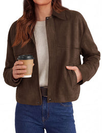 PRETTYGARDEN Women's Faux Suede Cropped Fall Jackets | Soft Zip Up Coats,Classic Lapel Collar,Button Down Shacket,Oversized Casual Outerwear,Trendy Winter Clothes with Pockets