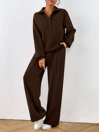 PRETTYGARDEN Women Fall 2 Piece Outfits Sweatsuits Quarter Button Long Sleeve Sweatshirt Wide Leg Pants Tracksuit Lounge Sets