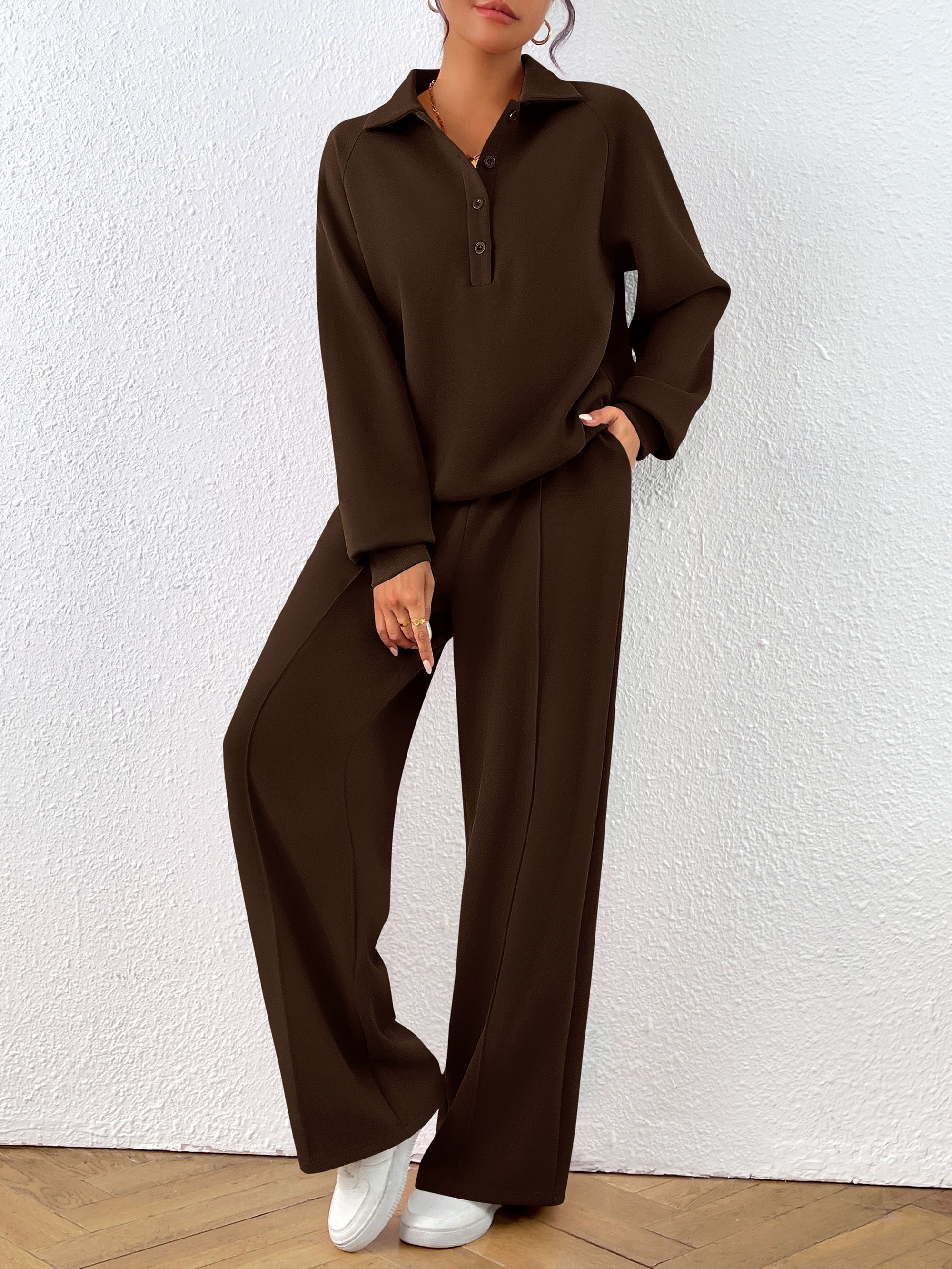PRETTYGARDEN Women Fall 2 Piece Outfits Sweatsuits Quarter Button Long Sleeve Sweatshirt Wide Leg Pants Tracksuit Lounge Sets