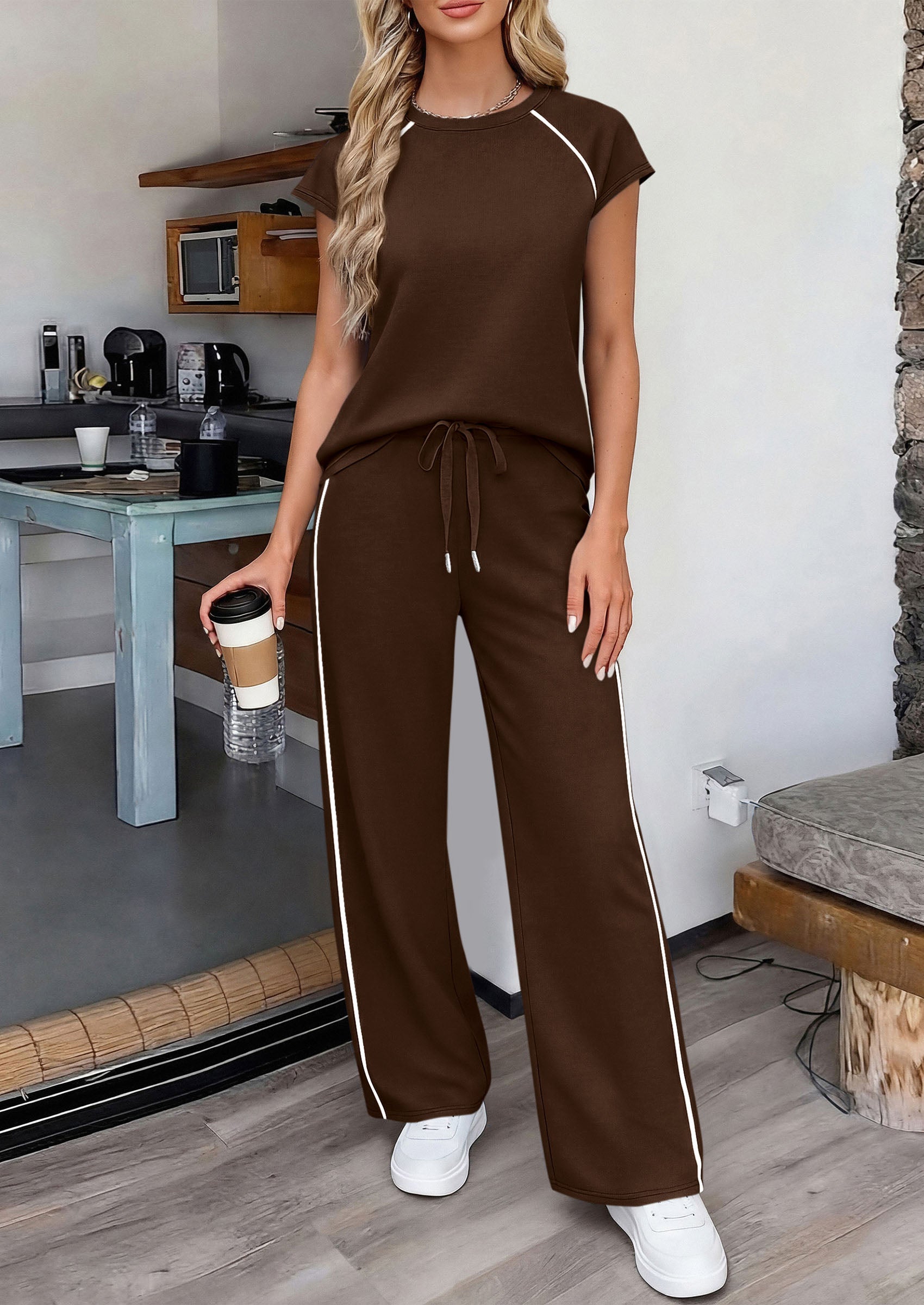 PRETTYGARDEN Women's 2 Piece Lounge Sets 2026 Summer Cap Sleeve Tops Wide Leg Pants Travel Outfits Matching Fashion Clothing PRETTYGARDEN