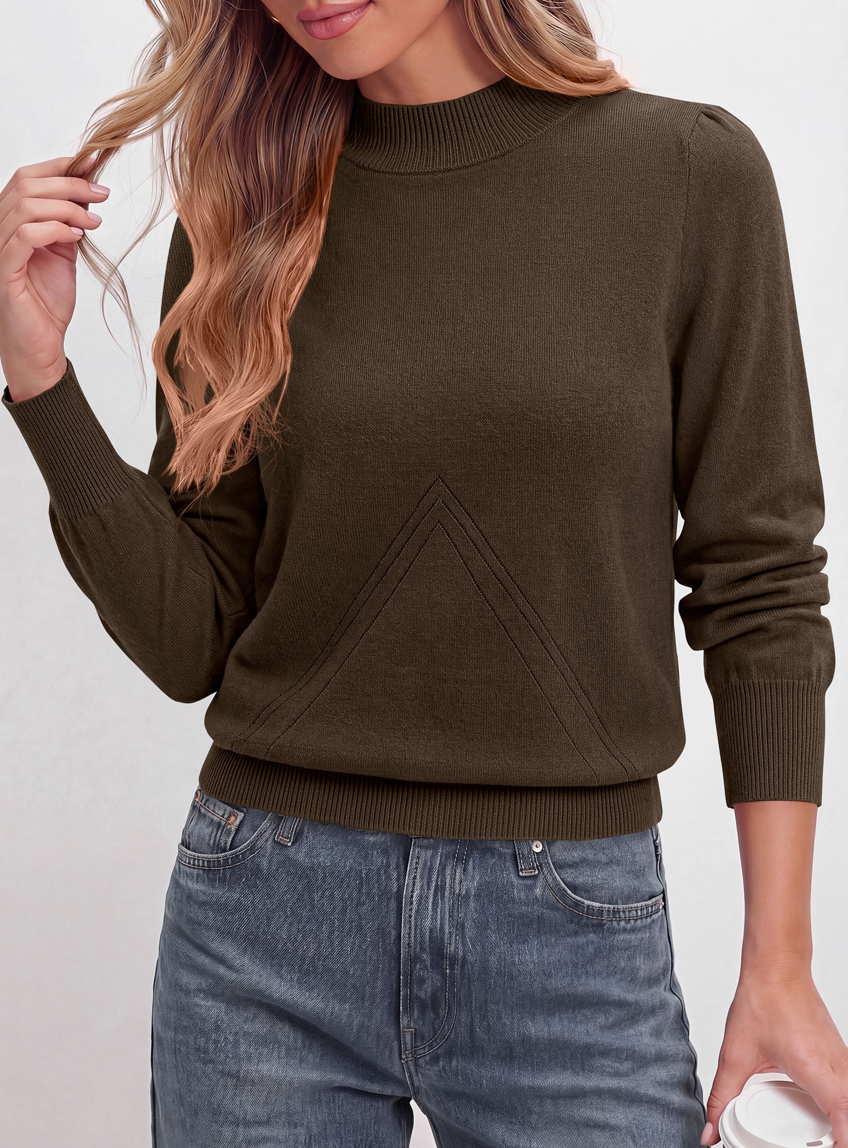 PRETTYGARDEN Womens Fall Mock Neck Long Sleeve Sweater  Soft Stretchy Fabric, V-Shape Knit Pattern, Chic Puff Sleeves, Ribbed Trim Pullover Sweaters, Casual Work Office Outfits