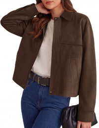 PRETTYGARDEN Women's Faux Suede Cropped Fall Jackets | Soft Zip Up Coats,Classic Lapel Collar,Button Down Shacket,Oversized Casual Outerwear,Trendy Winter Clothes with Pockets