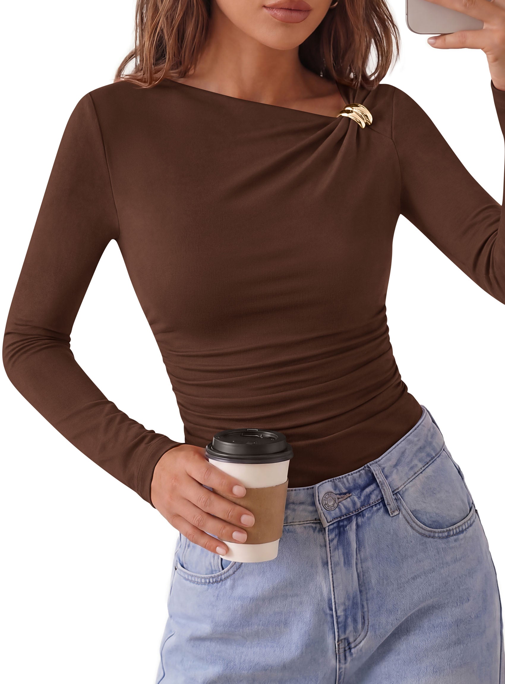 PRETTYGARDEN Long Sleeve Shirts for Women 2026 Ruched Knit Asymmetrical Tight Fitted Going Out Tops Y2k Fall Clothes