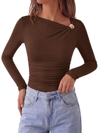 PRETTYGARDEN Long Sleeve Shirts for Women 2026 Ruched Knit Asymmetrical Tight Fitted Going Out Tops Y2k Fall Clothes