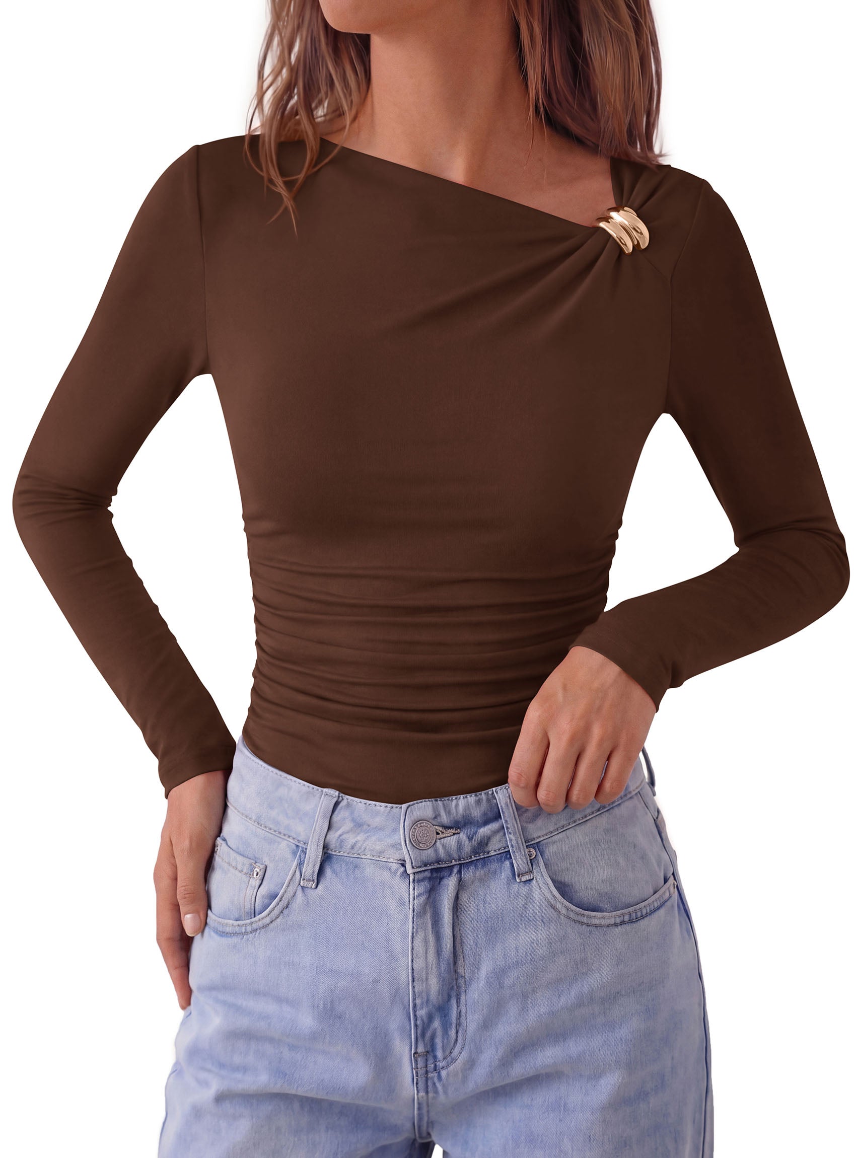 PRETTYGARDEN Long Sleeve Shirts for Women 2026 Ruched Knit Asymmetrical Tight Fitted Going Out Tops Y2k Fall Clothes