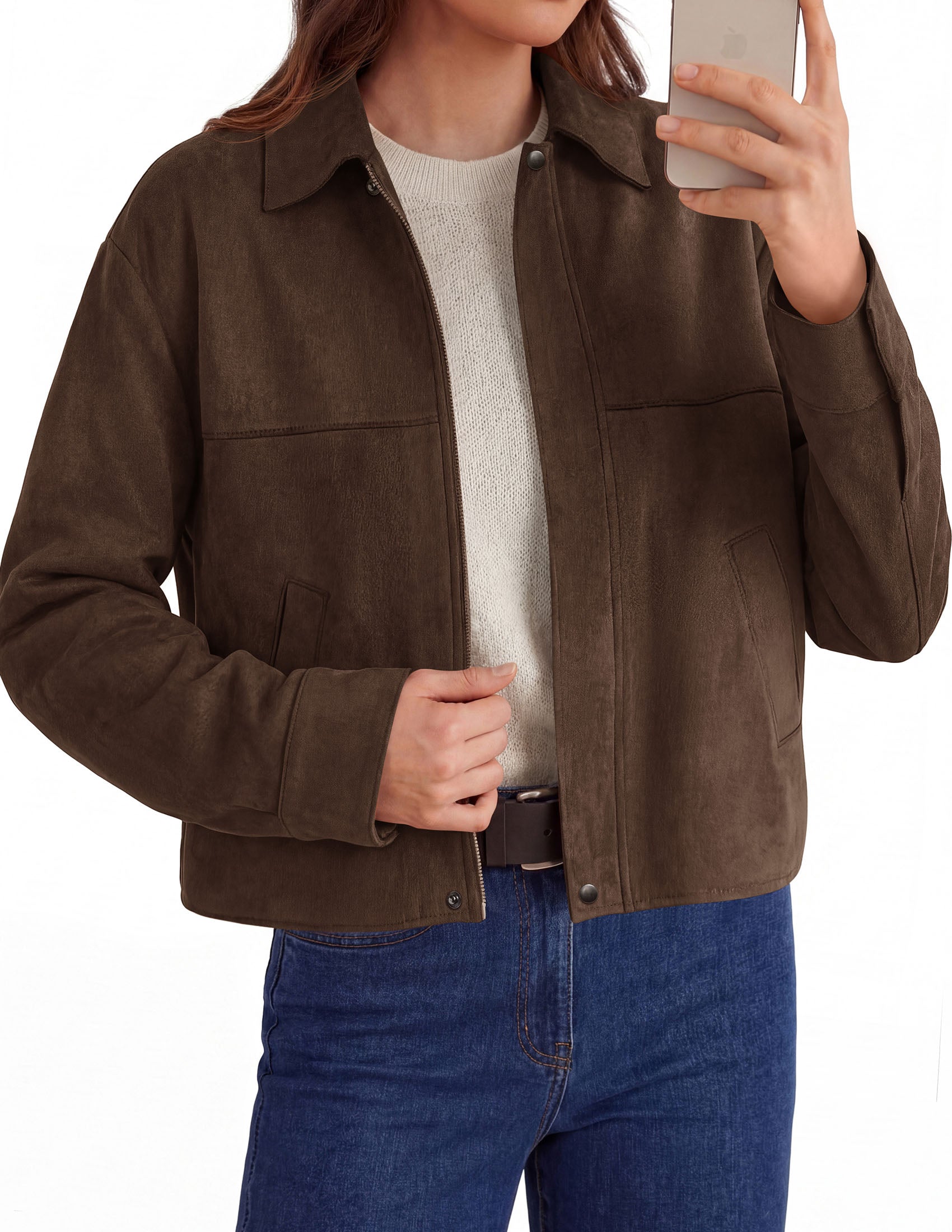 PRETTYGARDEN Women's Faux Suede Cropped Fall Jackets | Soft Zip Up Coats,Classic Lapel Collar,Button Down Shacket,Oversized Casual Outerwear,Trendy Winter Clothes with Pockets