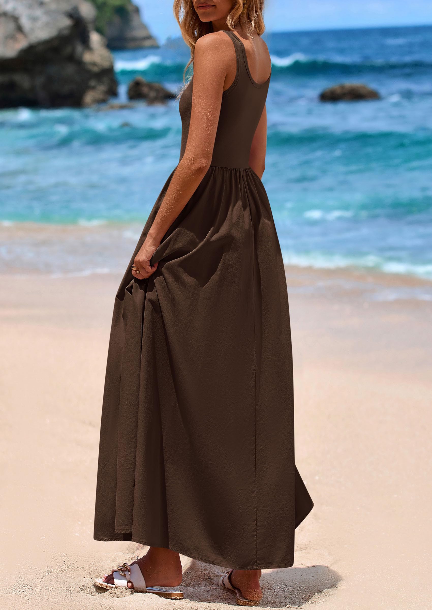 PRETTYGARDEN Womens Summer Casual Scoop Neck Sleeveless Long Dresses Tank Top Patchwork Aline Swing Maxi Dress with Pockets