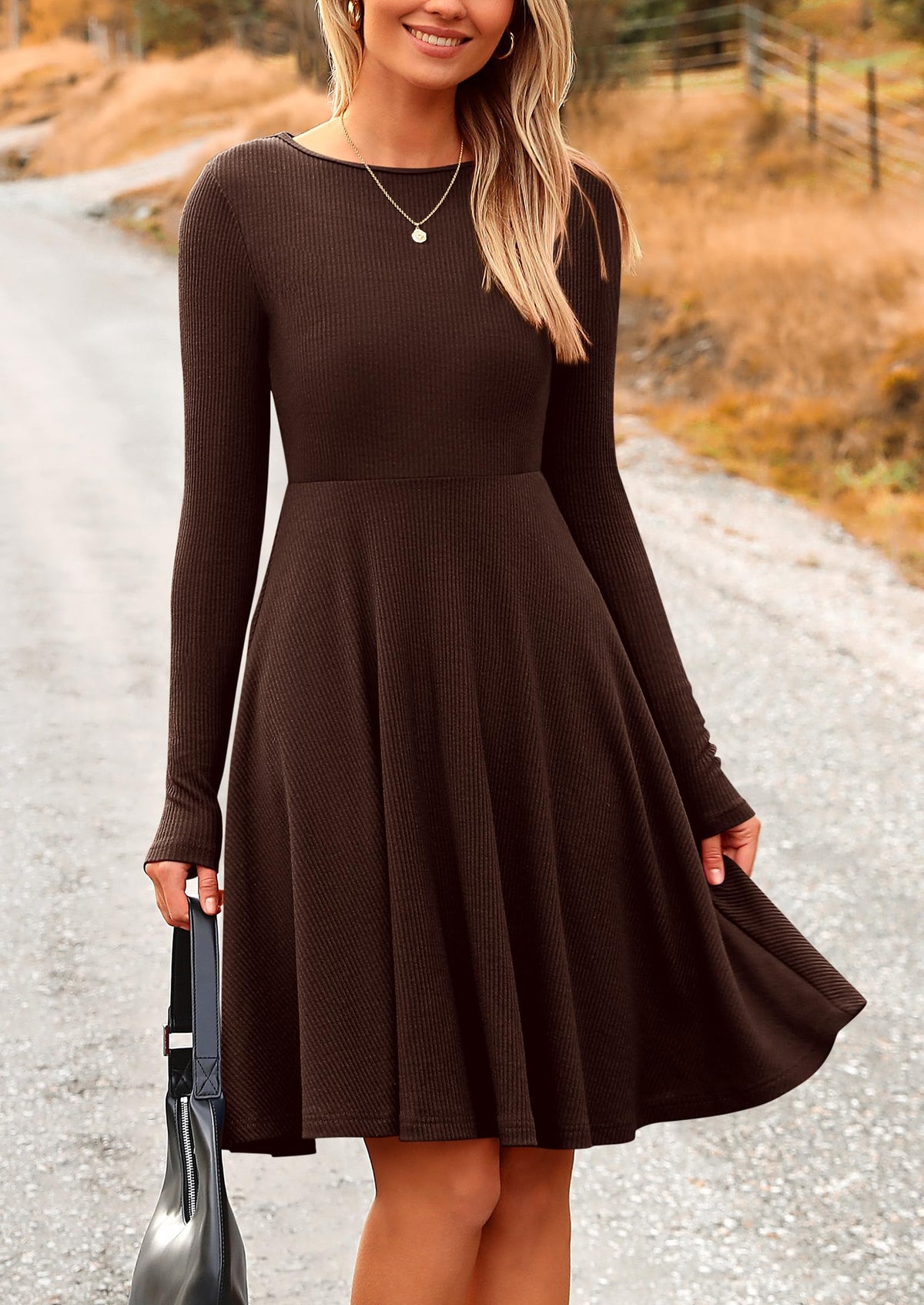 Women's Fall Short Dress Ribbed Knit Crewneck Long Sleeve A Line Flowy Casual Elegant Cute Going Out Dresses