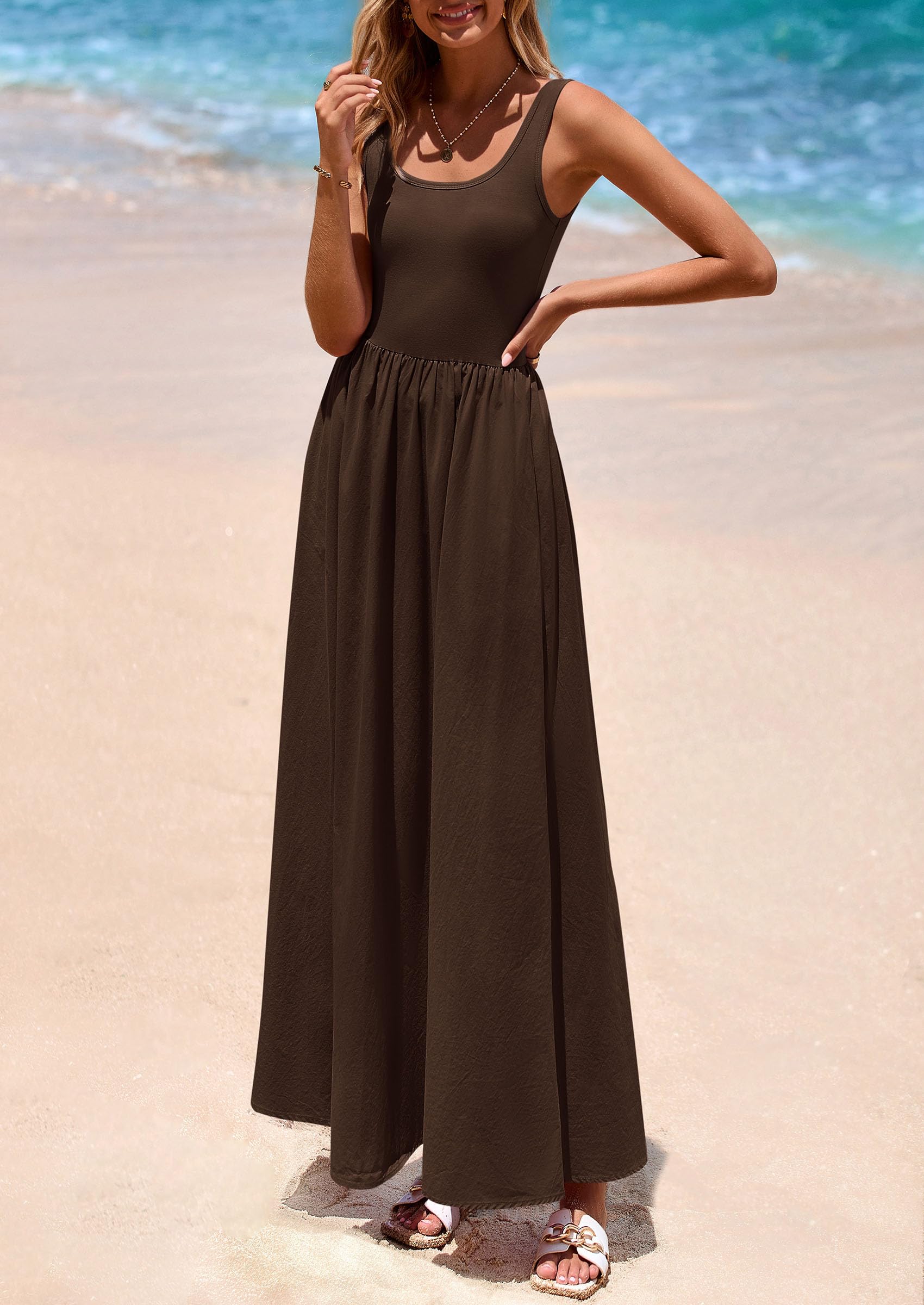 PRETTYGARDEN Womens Summer Casual Scoop Neck Sleeveless Long Dresses Tank Top Patchwork Aline Swing Maxi Dress with Pockets