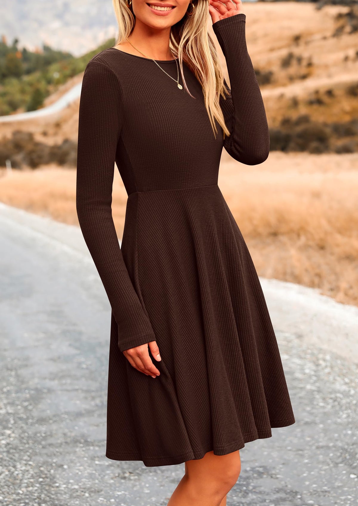 Women's Fall Short Dress Ribbed Knit Crewneck Long Sleeve A Line Flowy Casual Elegant Cute Going Out Dresses