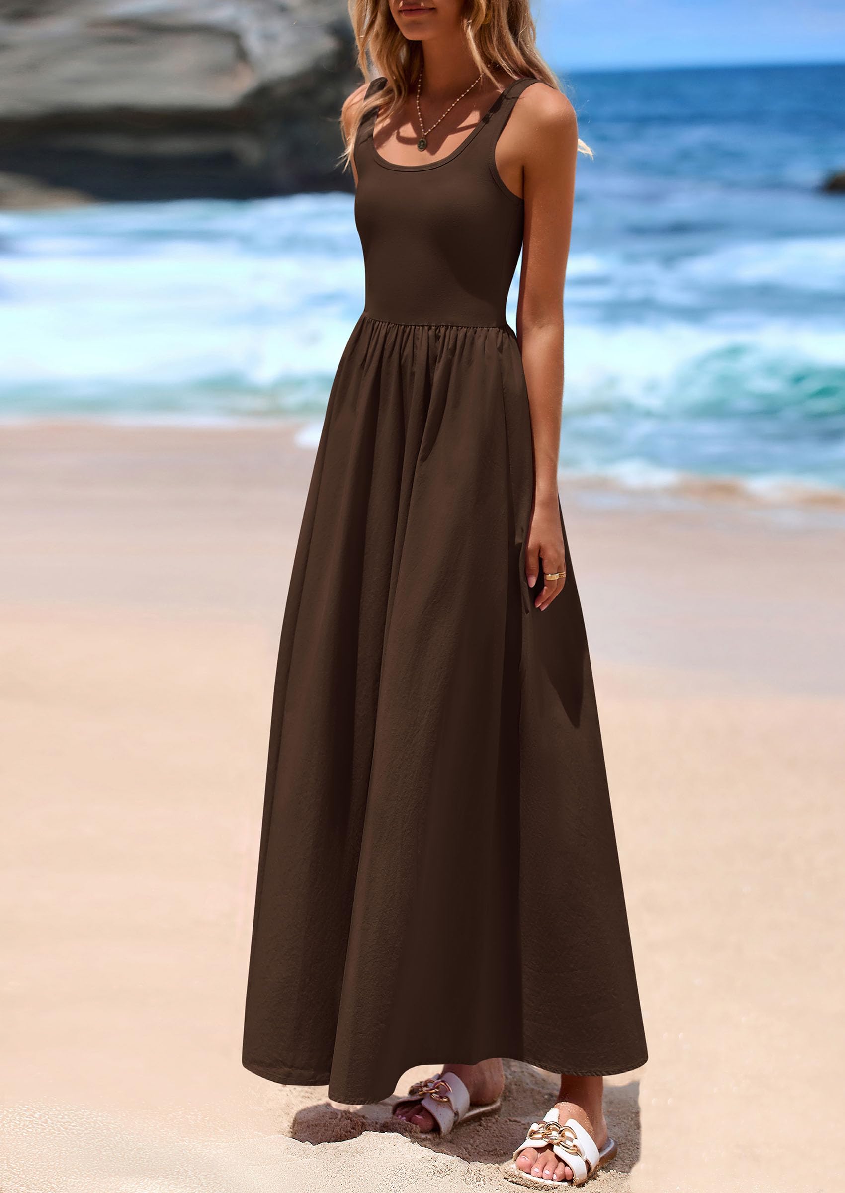 PRETTYGARDEN Womens Summer Casual Scoop Neck Sleeveless Long Dresses Tank Top Patchwork Aline Swing Maxi Dress with Pockets