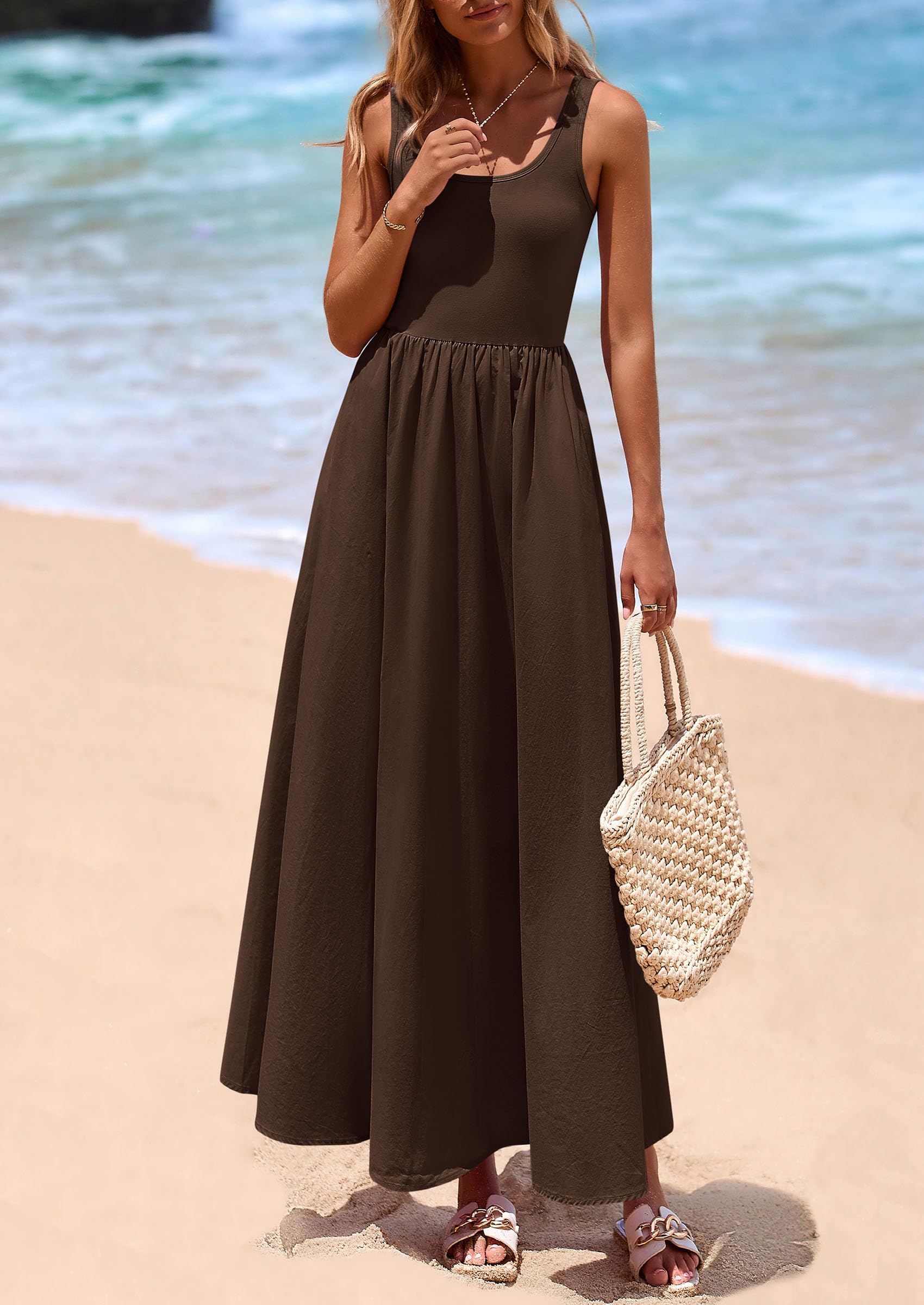 PRETTYGARDEN Womens Summer Casual Scoop Neck Sleeveless Long Dresses Tank Top Patchwork Aline Swing Maxi Dress with Pockets