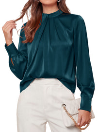 PRETTYGARDEN Satin Tops for Women Mock Neck Pleated Long Sleeve Shirts