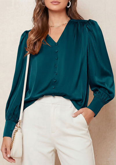 PRETTYGARDEN Satin Long Sleeve Womens Blouses Dressy Casual | Glossy Smooth Silk Fabric,Lantern Sleeve Fall Tops,Decorative Button Pullover,V Neck Shirts,Office Work Business Outfits