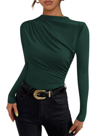 Womens Y2K Going Out Crop Tops Long Sleeve Mock Neck Ruched Slim Fitted Basic Trendy Casual Blouse