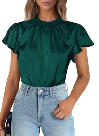 Summer Satin Blouse Shirt Dressy Casual Ruffle Short Sleeve Crewneck Work Party Tops