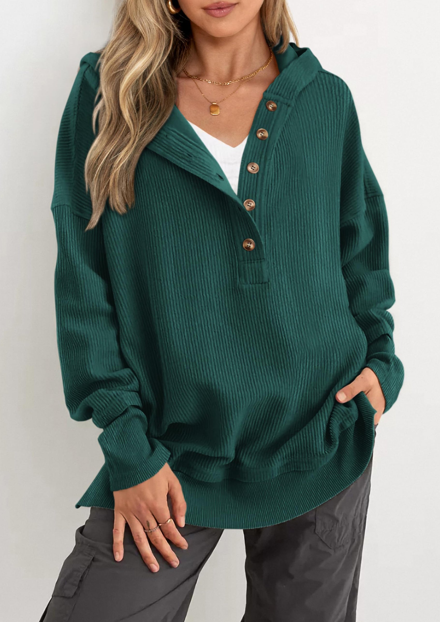 PRETTYGARDEN Womens Fashion Oversized Long Sleeve Hoodie Button Down V Neck Sweatshirt Side Slit Casual Pullover Tops