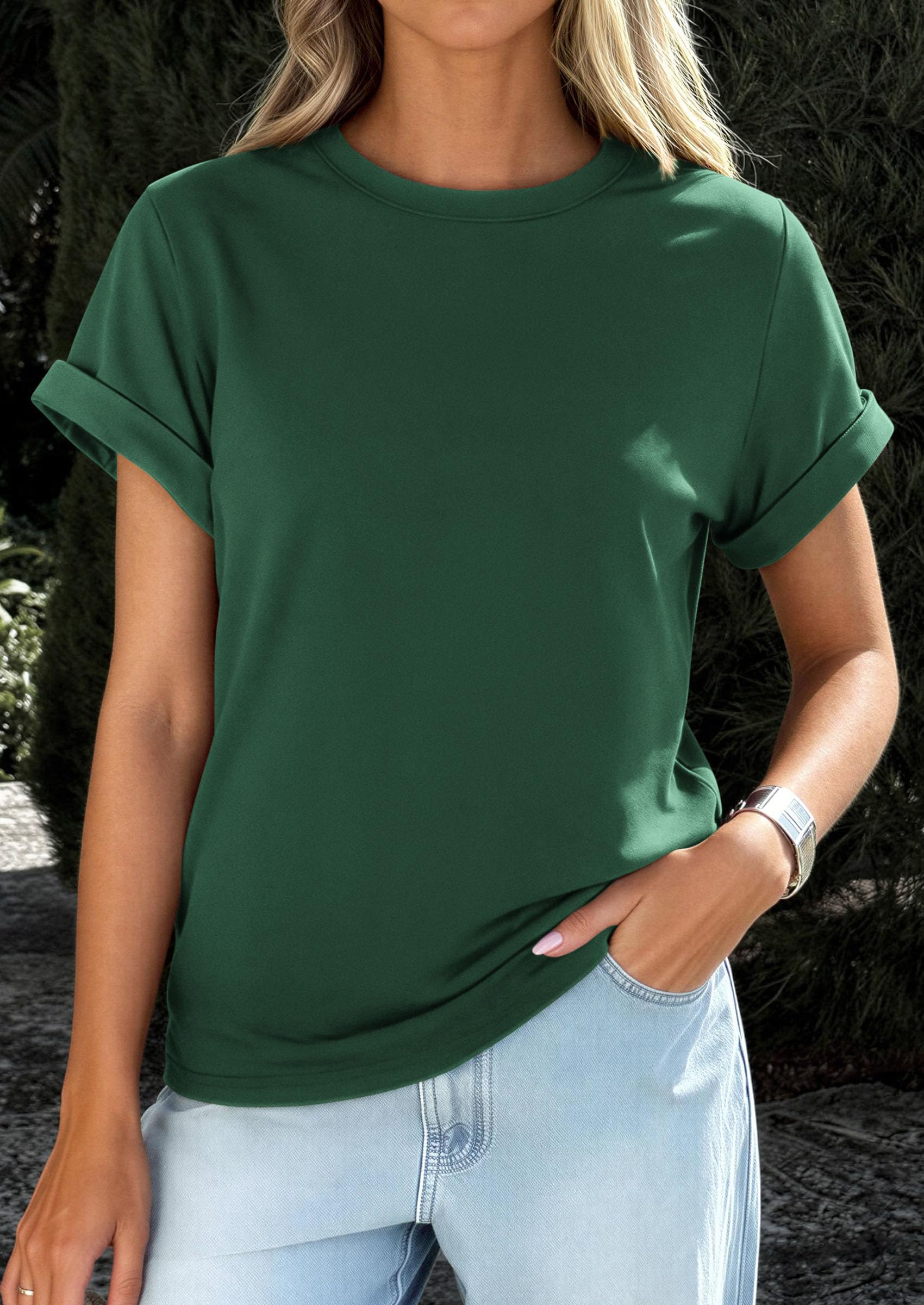 PRETTYGARDEN Womens Summer Tops Spring Casual Rolled Short Sleeve Basic Tees Crew Neck Work Shirts Fashion Clothing PRETTYGARDEN