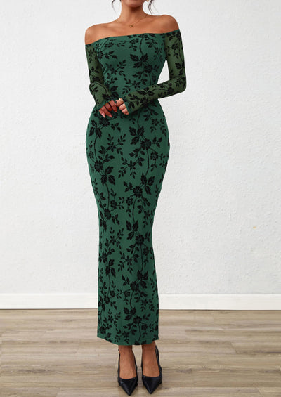 PRETTYGARDEN Womens Off The Shoulder Floral Maxi Bodycon Dress Fall Long Sleeve Mesh Fitted Long Formal Wedding Guest Dresses PRETTYGARDEN