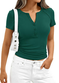 PRETTYGARDEN Womens Summer Short Sleeve Tops 2026 Spring Casual V Neck Henley Button Up T Shirts Dressy Ribbed Knit Blouses PRETTYGARDEN