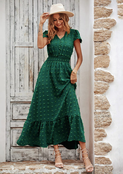 PRETTYGARDEN Womens Dresses Summer Maxi Dress Boho Short Sleeve V Neck Swiss Dot Ruffle Tiered Smocked Flowy Long Dress PRETTYGARDEN