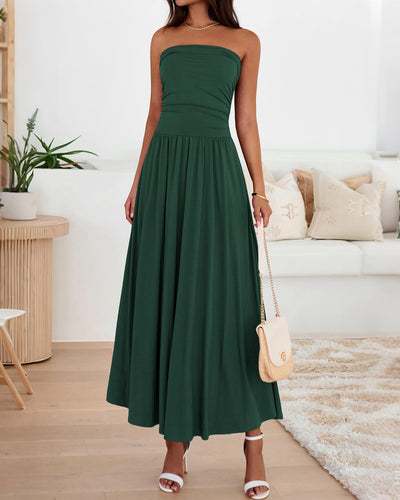 BTFBM Summer Maxi Dresses for Women Strapless Ruched Tube Top Beach Vacation Spring Wedding Guest Dress Pockets PRETTYGARDEN