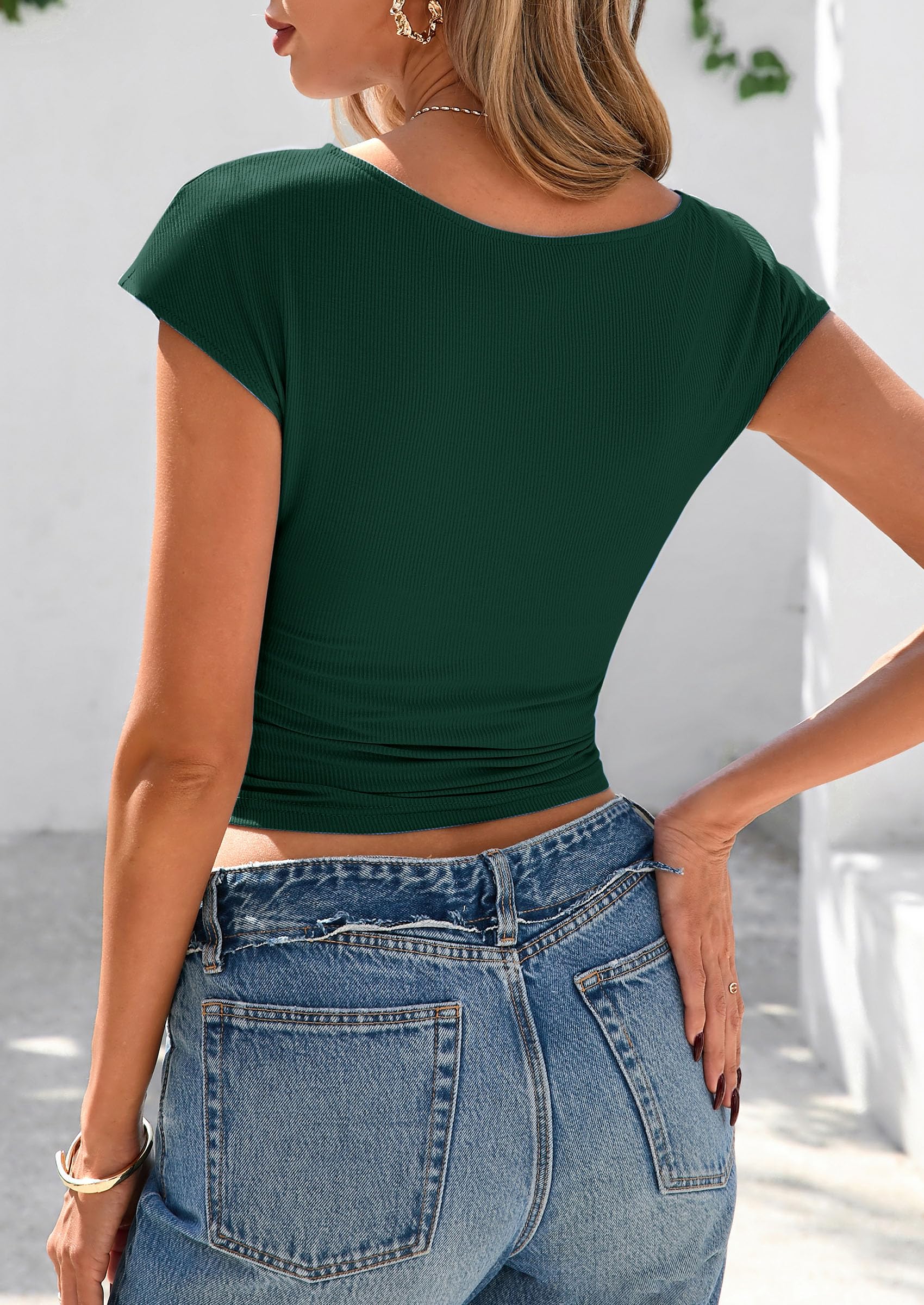 PRETTYGARDEN Women's Ruched Crop Tank Tops Summer Trendy Cap Sleeve Ribbed Knit Basic Fitted Going Out Tee Shirts