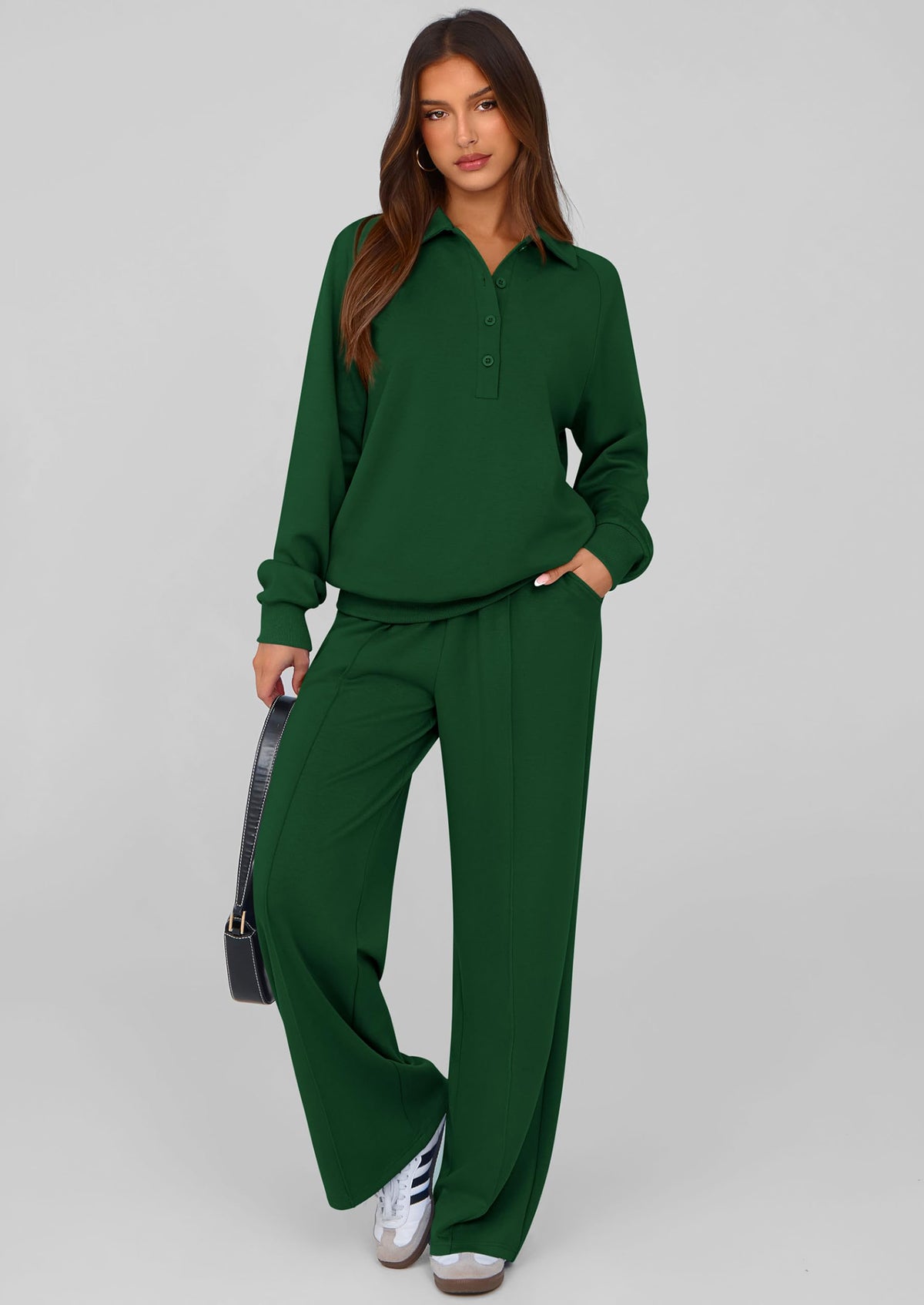 PRETTYGARDEN Women Fall 2 Piece Outfits Sweatsuits Quarter Button Long Sleeve Sweatshirt Wide Leg Pants Tracksuit Lounge Sets