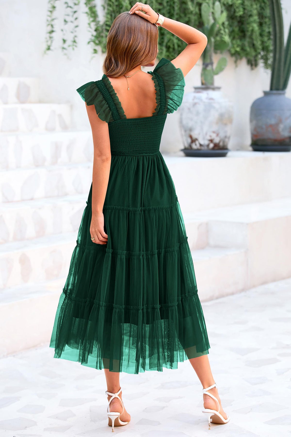 Summer Casual Sleeveless Smocked Ruffle Tulle Flowy Beach Sundress