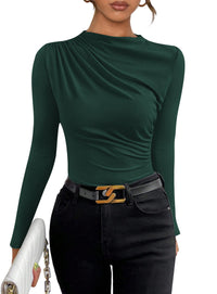 Womens Y2K Going Out Crop Tops Long Sleeve Mock Neck Ruched Slim Fitted Basic Trendy Casual Blouse