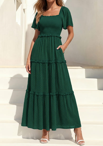 PRETTYGARDEN Summer Dresses for Women Boho Swiss Dot Smocked Square Neck Short Sleeve Spring Wedding Guest Maxi Dress PRETTYGARDEN