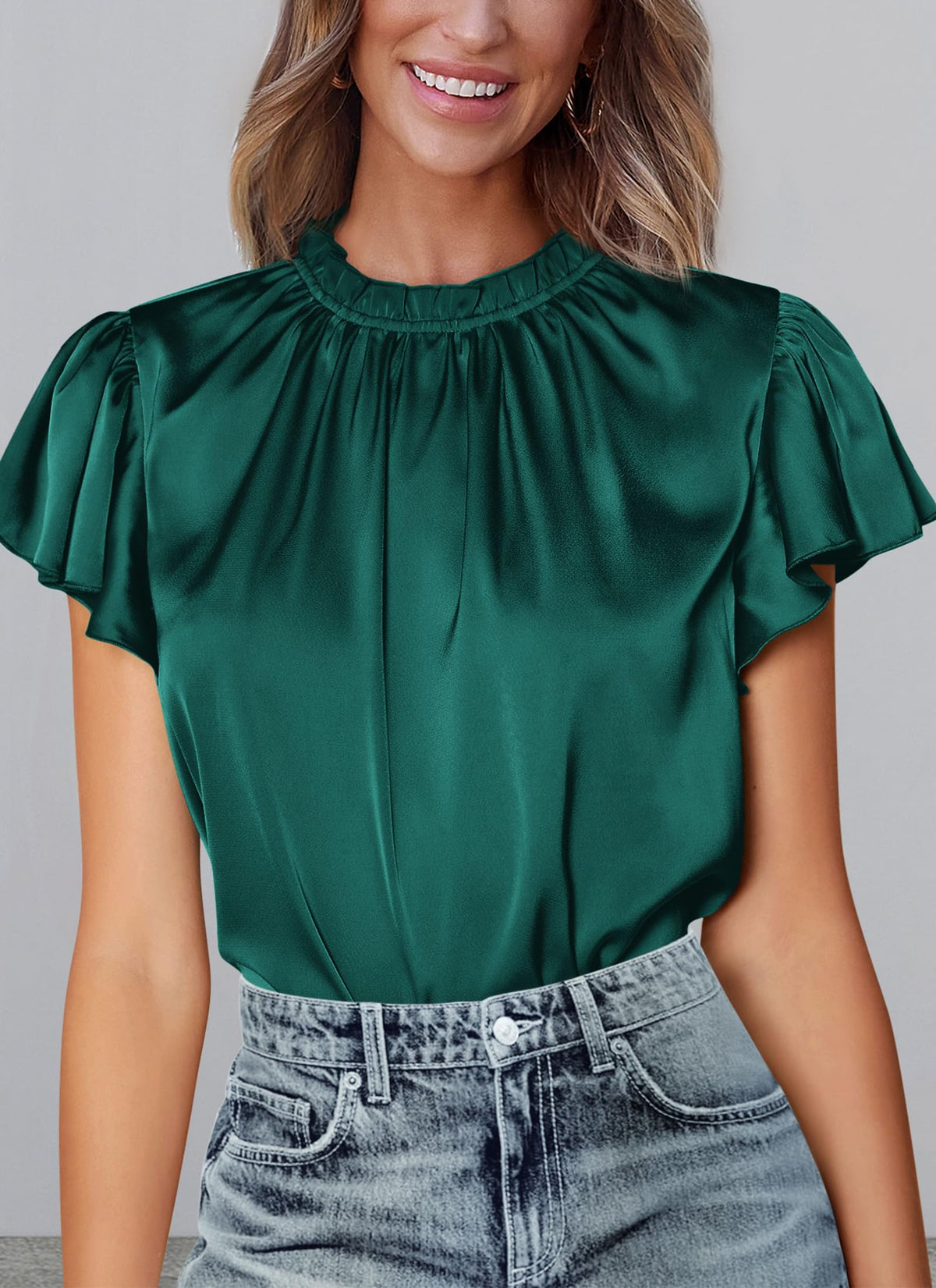 Summer Satin Blouse Shirt Dressy Casual Ruffle Short Sleeve Crewneck Work Party Tops