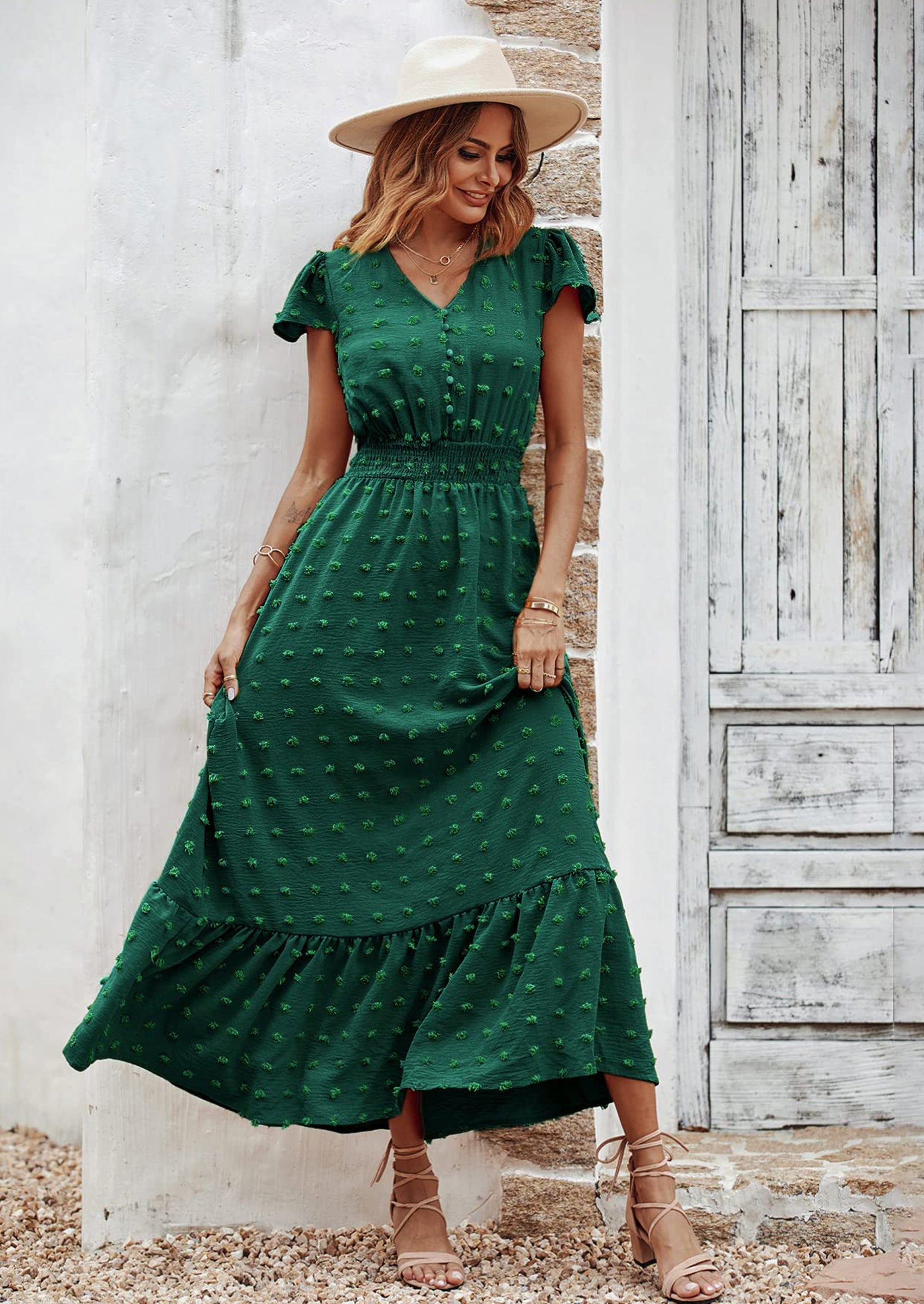 PRETTYGARDEN Womens Dresses Summer Maxi Dress Boho Short Sleeve V Neck Swiss Dot Ruffle Tiered Smocked Flowy Long Dress PRETTYGARDEN