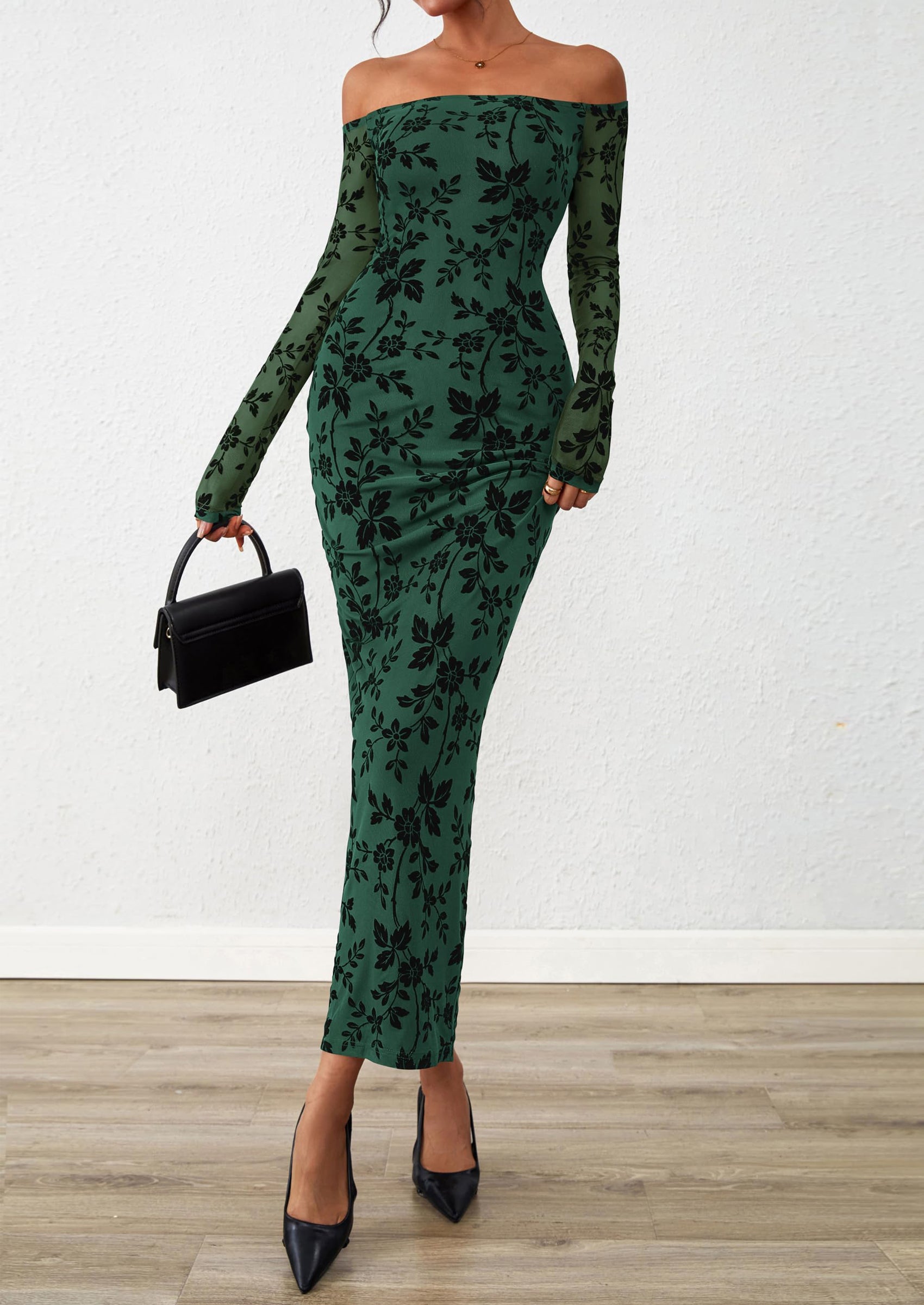 PRETTYGARDEN Womens Off The Shoulder Floral Maxi Bodycon Dress Fall Long Sleeve Mesh Fitted Long Formal Wedding Guest Dresses PRETTYGARDEN