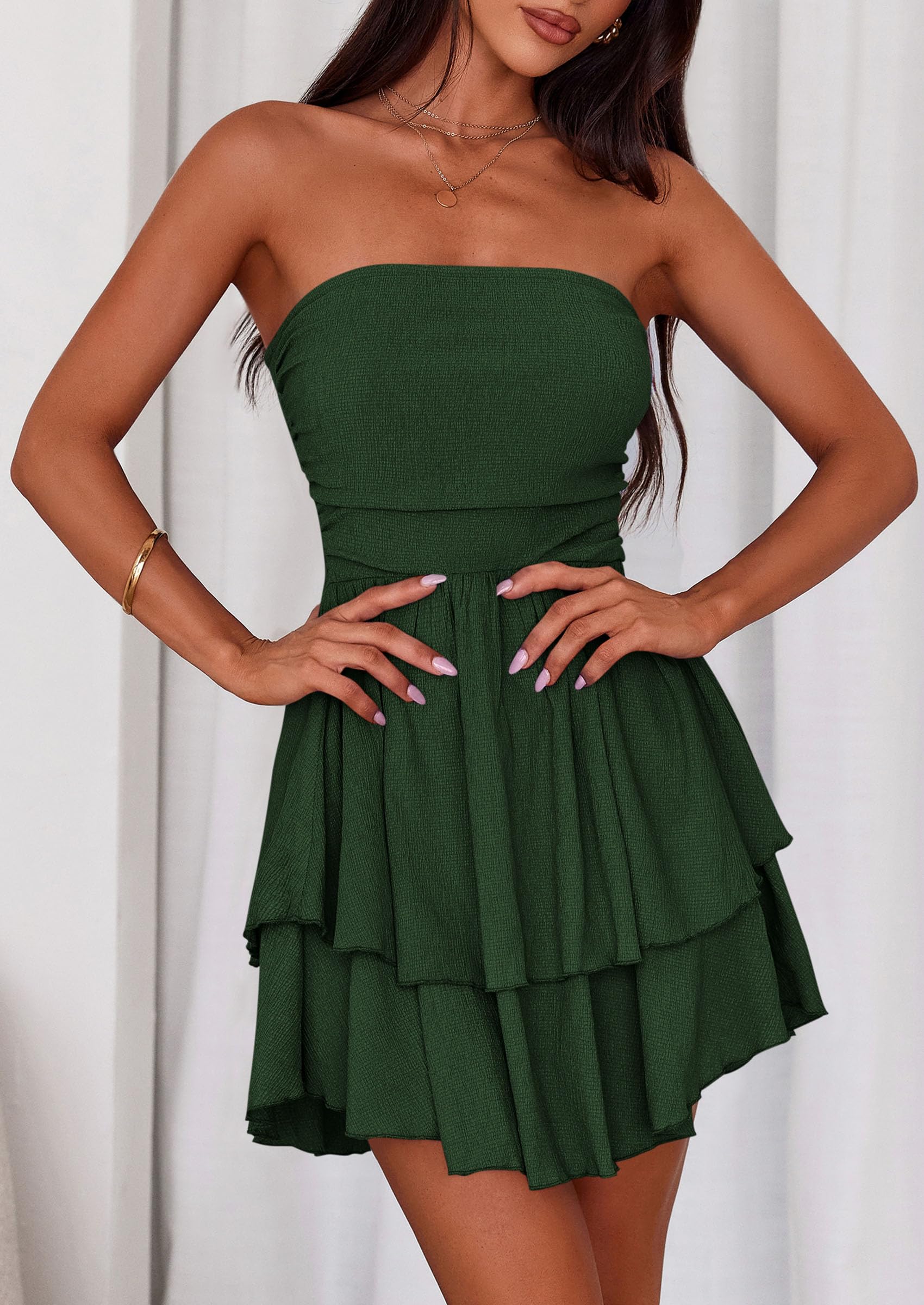 PRETTYGARDEN Women's Summer Strapless Tube Mini Dress Off Shoulder Smocked Ruffle A Line Flowy Short Party Club Dresses