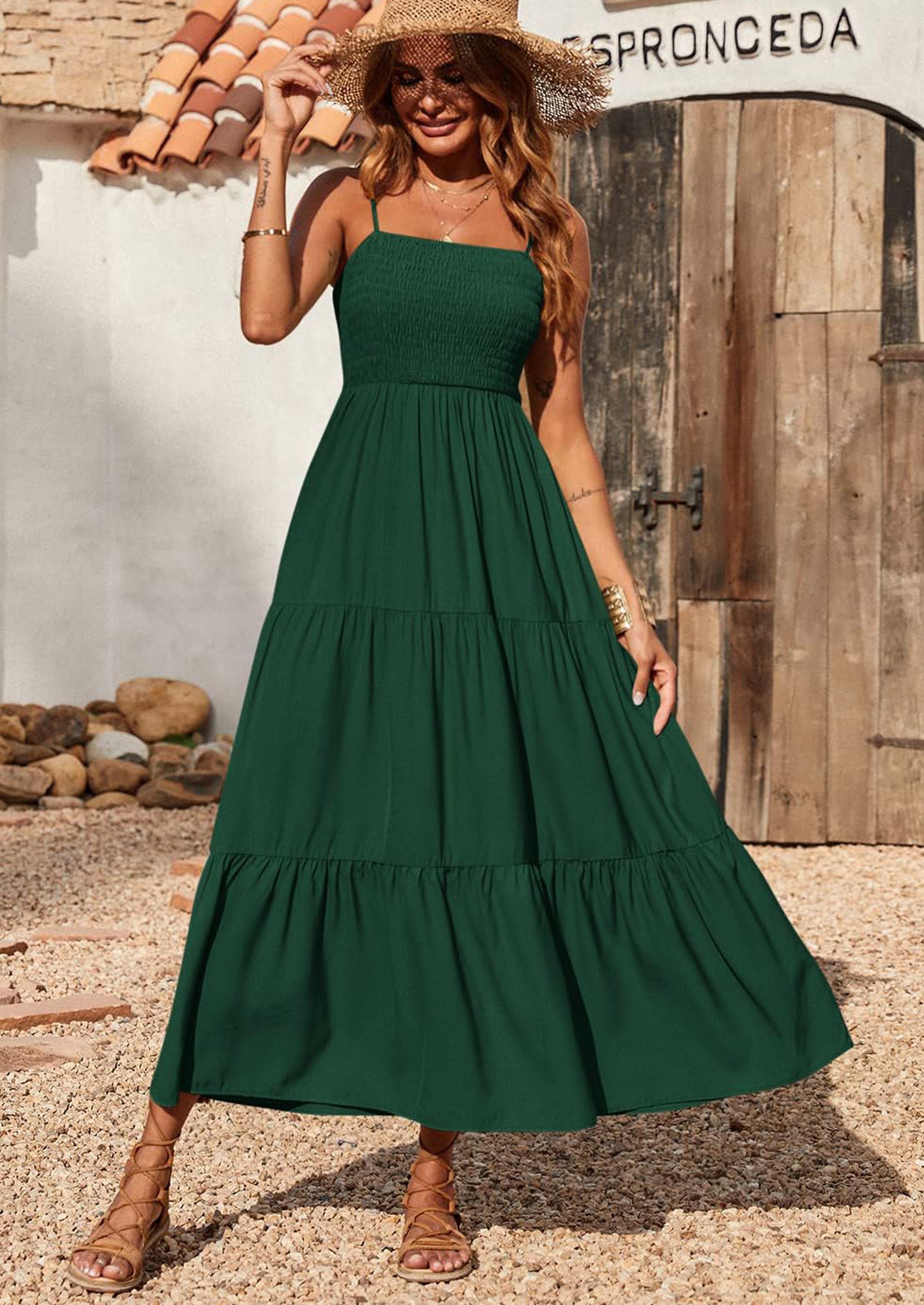 PRETTYGARDEN Women's Summer Maxi Dress Casual Boho Sleeveless Spaghetti Strap Smocked Tiered Long Beach Sundresses PRETTYGARDEN