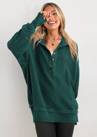 PRETTYGARDEN Womens Fashion Oversized Long Sleeve Hoodie Button Down V Neck Sweatshirt Side Slit Casual Pullover Tops