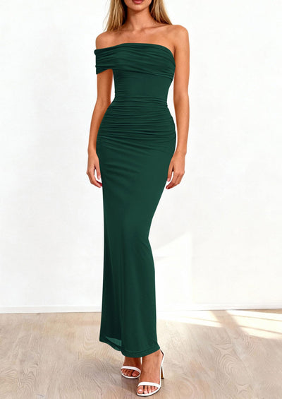 PRETTYGARDEN Women's Wedding Guest Cocktail Dresses One Off The Shoulder Ruched Bodycon Formal Maxi Party Summer Outfits PRETTYGARDEN