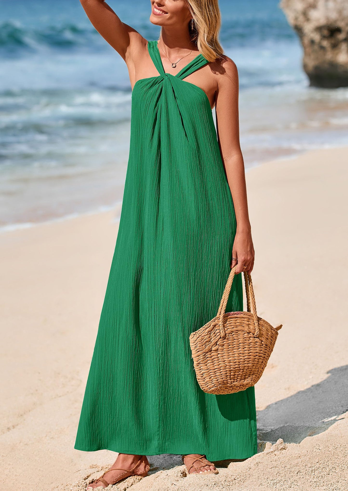 Womens 2025 Casual Long Summer Dresses Sleeveless Strappy Loose Flowy Beach Vacation Maxi Dress with Pockets