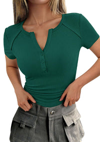 PRETTYGARDEN Womens Summer Short Sleeve Tops 2026 Spring Casual V Neck Henley Button Up T Shirts Dressy Ribbed Knit Blouses PRETTYGARDEN