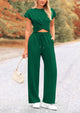 Summer Two Piece Outfits Tracksuit Twist Front Crop Tops T Shirts Wide Leg Pants Matching Lounge Sets