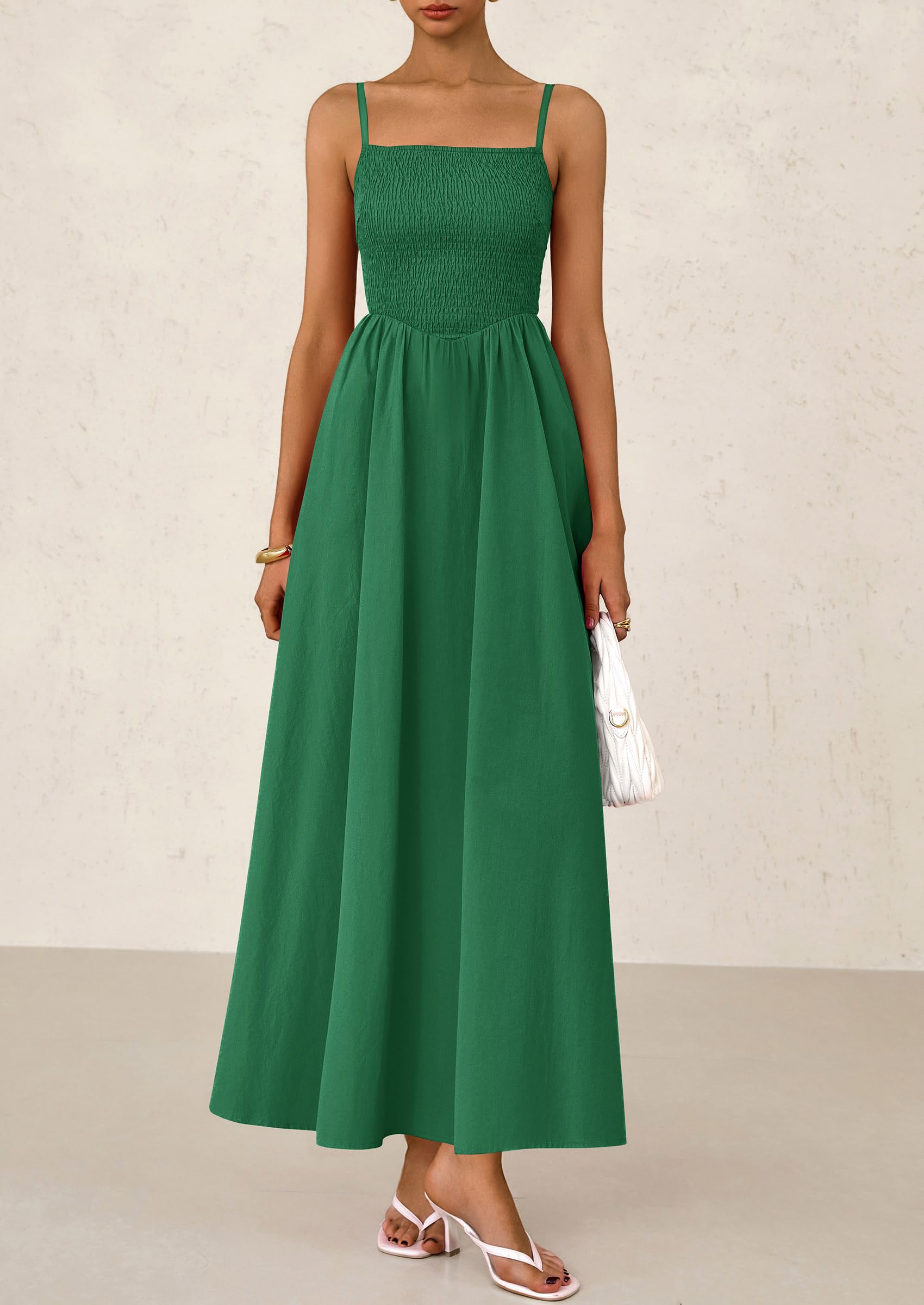 PRETTYGARDEN Women's Smocked Maxi Dresses Beach Sundress Casual Spaghetti Strap Swing A Line Long Flowy Dress